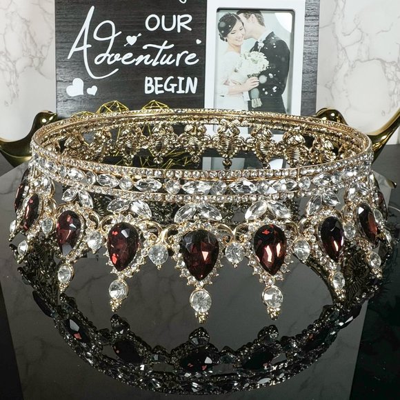 Royal Queen Crown for Women, Wine Red Crystal Wedding Crown, Prom Party XL Crown - Picture 4 of 5